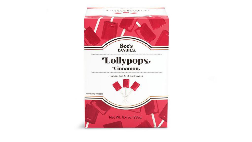 12-Cinnamon Lollypops · A little spice is nice. Just the right amount of cinnamon, with a hint of butter and brown sugar in a long-lasting See's lollypop. Approximately 12 per box.