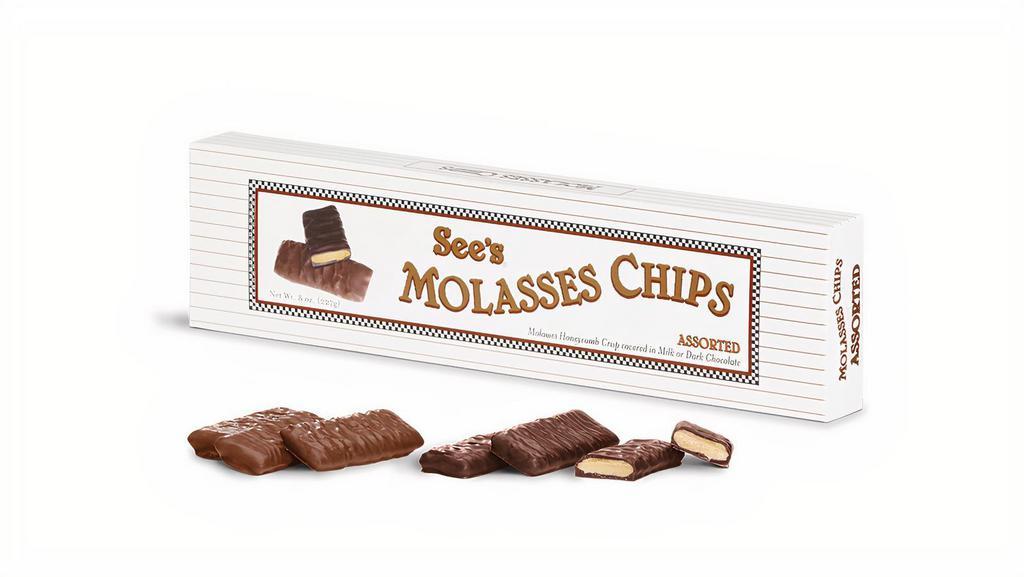 1/2# Assorted Molasses Chips · Irresistibly stacked in your favor. Crispy honeycombed wafers flavored with real molasses on the inside, drenched in layers of See's milk or dark chocolate.