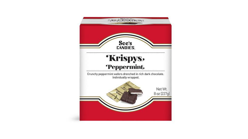Peppermint Krispys · Crispy wafer-thin squares unlike anything else. Featuring refreshing mint in See's dark chocolate. Individually wrapped for on-the-go snacking. Approximately 30 per box.