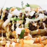 Sisig Fries O.G. · Straight cut fries with chicken or pork sisig topped with jalapeños, sriracha mayo, salsa ve...