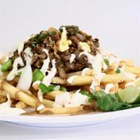 Sisig Fries 2.0 · Shoestring fries with chicken or pork sisig (scrambled with an egg) topped with teriyaki sau...