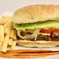 Crave Burger · Grilled beef patties topped with caramelized onions, lettuce, tomato, sriracha mayo, and che...