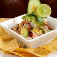 Ceviche Papito · Served With homemade chips:
Shrimp with pico de gallo, avocado, roasted pineapple, watermelo...