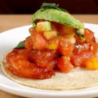 Camaron Costeno · Sauteed shrimp, garlic, Chile de arbol sauce, avocado, cilantro, red onions, and apple mango...