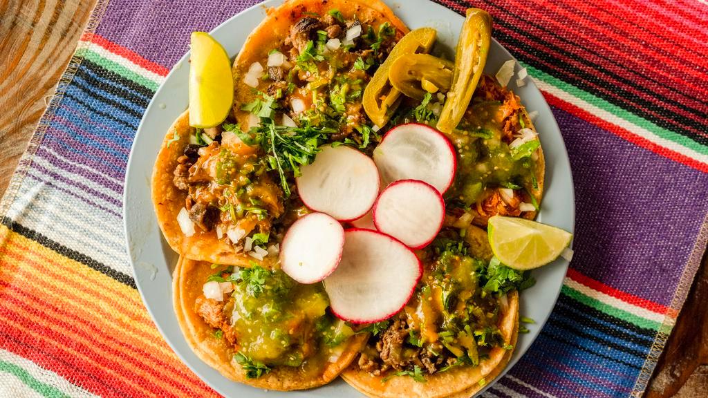 Tacos · Tacos come with onion, cilantro and salsa