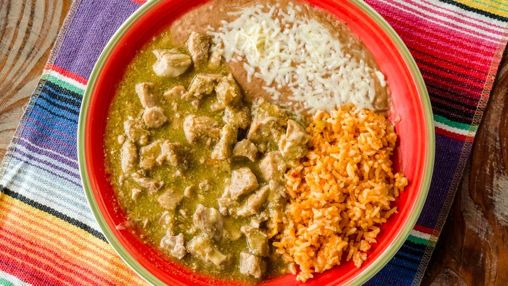 Chile Verde · Served with beans and rice
