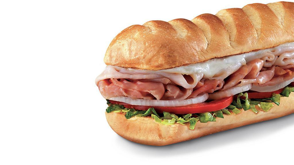 Hook & Ladder® , Large (11-12 Inch) · Smoked turkey breast and honey ham smothered with Monterey Jack, served Fully Involved® (mayo, lettuce, tomato, onion, deli mustard, and a pickle spear on the side).
