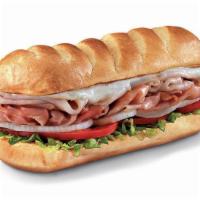 Hook & Ladder® , Medium (7-8 Inch) · Smoked turkey breast and honey ham smothered with Monterey Jack, served Fully Involved® (may...