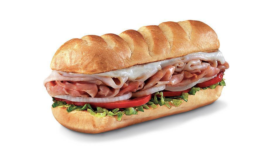 Hook & Ladder® , Small (3-4 Inch) · Smoked turkey breast and honey ham smothered with Monterey Jack, served Fully Involved® (mayo, lettuce, tomato, onion, deli mustard, and a pickle spear on the side).