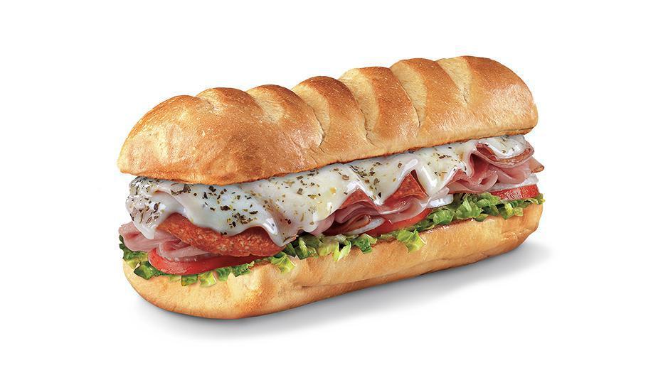 Italian™ , Medium (7-8 Inch) · Genoa salami, pepperoni, Virginia Honey Ham, melted provolone, Italian dressing, and seasonings, served Fully Involved® (mayo, lettuce, tomato, onion, deli mustard, and a pickle spear on the side).
