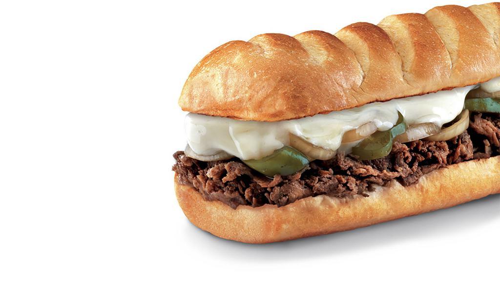 Firehouse Steak & Cheese®, Large (11-12 Inch) · Sautéed steak with Provolone, topped with sautéed onions, bell peppers, mayo, mustard and a dill spear on the side.