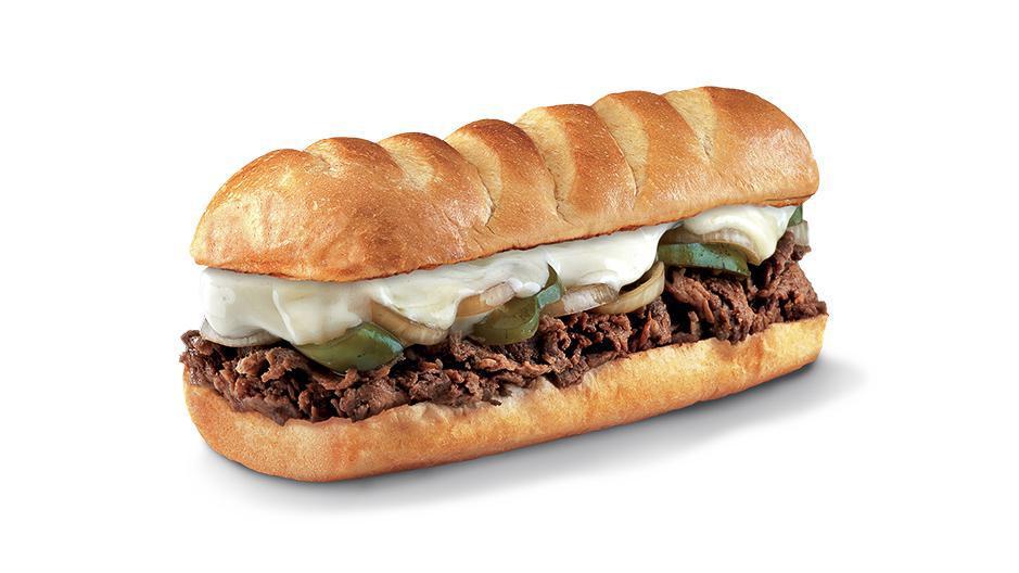 Firehouse Steak & Cheese®, Medium (7-8 Inch) · Sautéed steak with Provolone, topped with sautéed onions, bell peppers, mayo, mustard and a dill spear on the side.