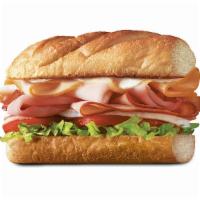Club On A Sub™, Small (3-4 Inch) · Smoked turkey breast, Virginia honey ham, crispy pepper bacon, and melted Monterey Jack, ser...