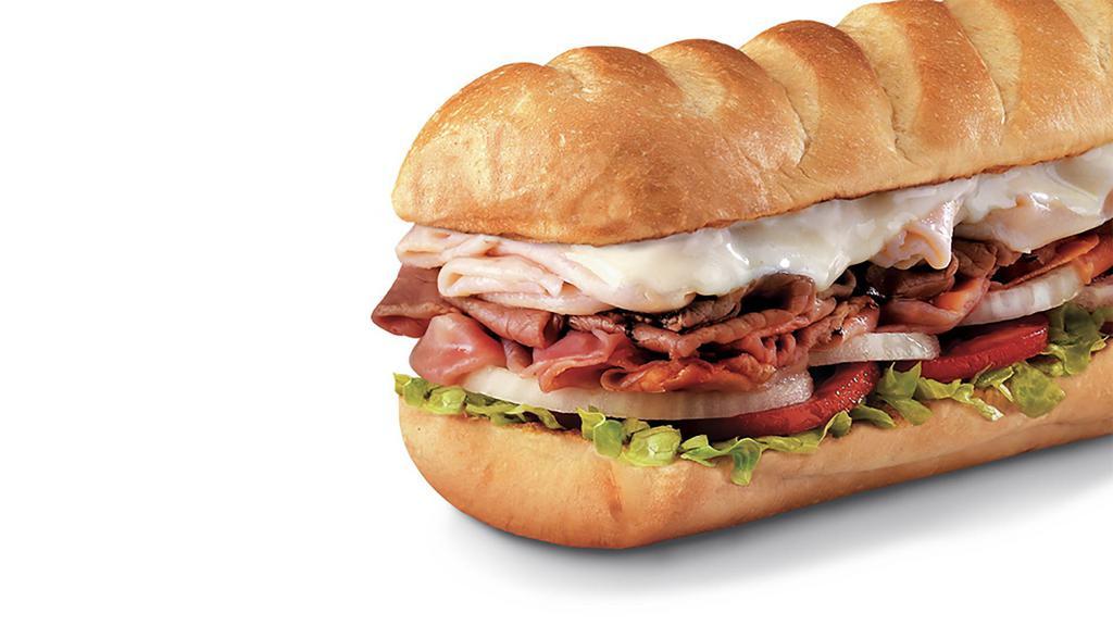 Firehouse Hero®, Large (11-12 Inch) · Premium roast beef, smoked turkey breast, Virginia honey ham, and melted provolone, served Fully Involved® (mayo, lettuce, tomato, onion, deli mustard, and a pickle spear on the side).