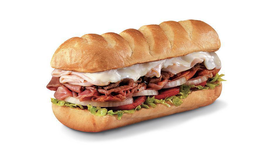 Firehouse Hero®, Small (3-4 Inch) · Premium roast beef, smoked turkey breast, Virginia honey ham, and melted provolone, served Fully Involved® (mayo, lettuce, tomato, onion, deli mustard, and a pickle spear on the side).