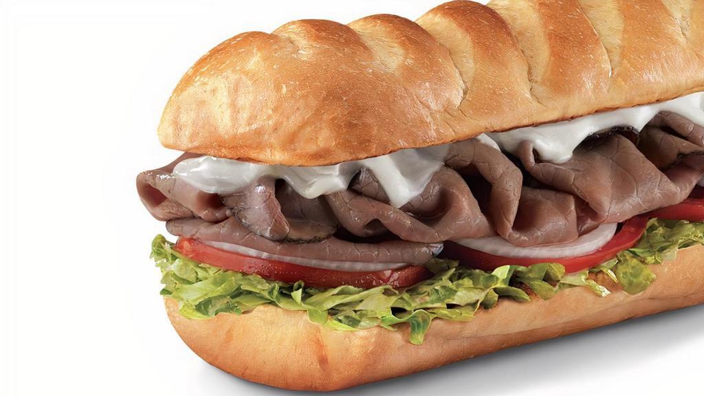 Premium Roast Beef , Small (3-4 Inch) · Roast beef and melted provolone, served Fully Involved® (mayo, lettuce, tomato, onion, deli mustard, and a pickle spear on the side).
