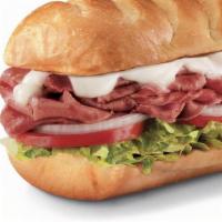 Corned Beef Brisket , Large (11-12 Inch) · Corned beef brisket and melted provolone, served Fully Involved® (mayo, lettuce, tomato, oni...