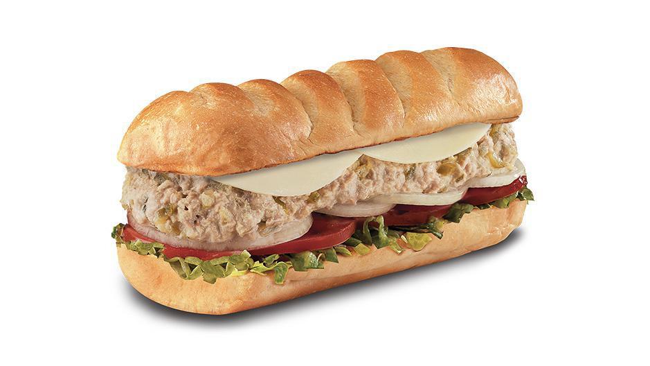 Tuna Salad , Medium (7-8 Inch) · A blend of tuna, mayo, relish and black pepper topped with Provolone, served Fully Involved® (mayo, lettuce, tomato, onion, deli mustard, and a pickle spear on the side).