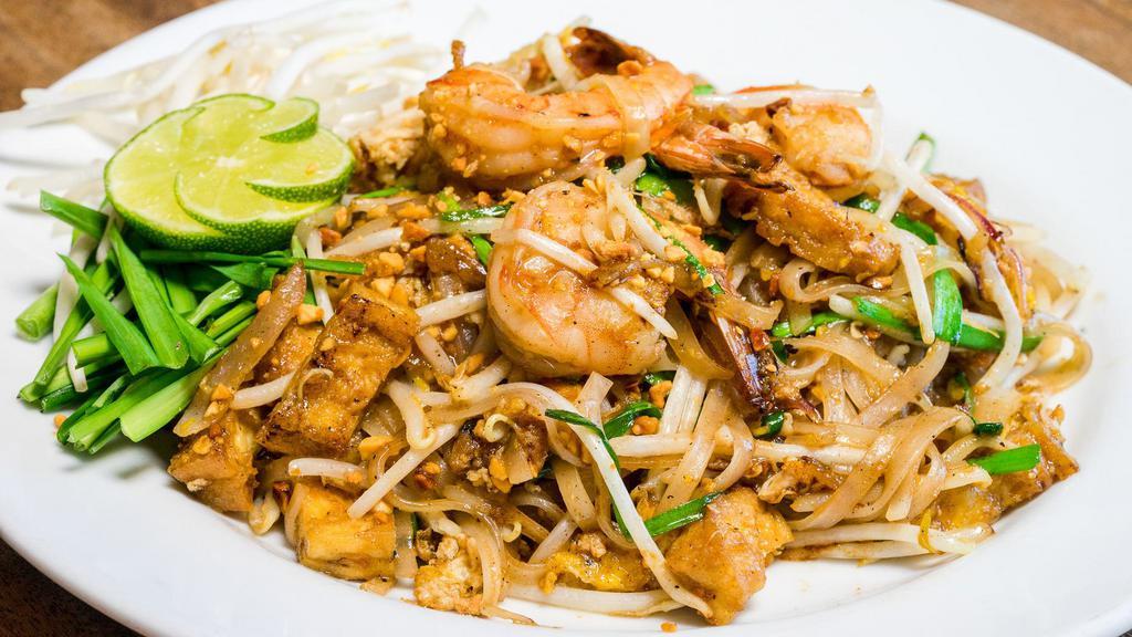 Pad Thai · rice stick noodle, shrimp, tofu, nuts, chives, & beansprouts (gf)