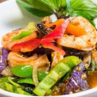 Goong Pad Makeur · Wok-fried shrimp & eggplant, ground nuts, onions, fresh basil, chili-white wine