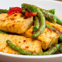 Tua Pik Khing · Blistered green beans & tofu, wok-fried with ginger-red curry sauce