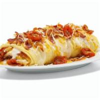 New! Deluxe Three Cheese & Bacon Omelette · Stuffed and topped with Jack & Cheddar cheeses, white cheese sauce, hickory-smoked bacon, cr...