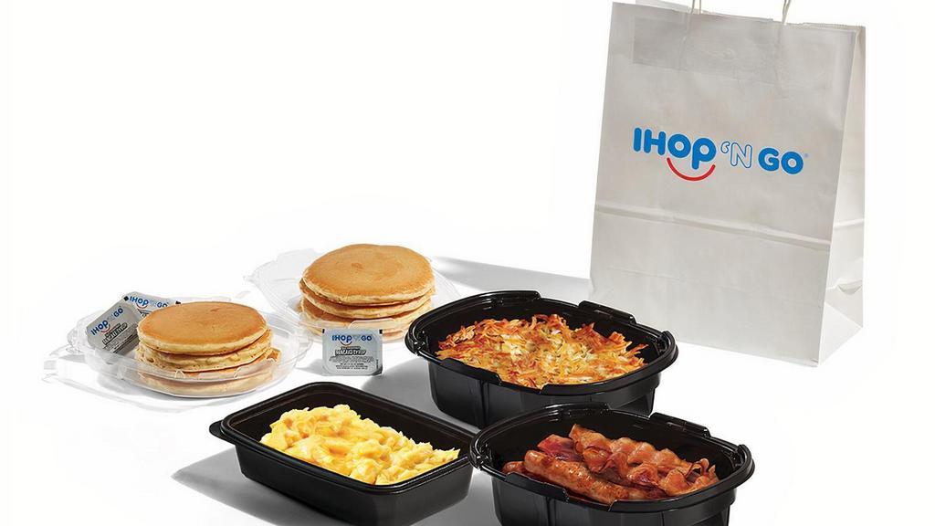 Breakfast Family Feast With Pancakes · Four servings each of scrambled eggs and golden hash browns, 8 hickory-smoked bacon strips, 8 pork sausage links, and 8 fluffy buttermilk pancakes. Serves 4.  . Available for IHOP ‘N Go only. Not available for dine-in.