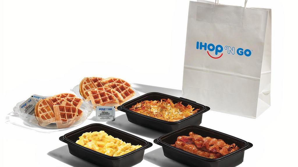 Breakfast Family Feast With Waffles · Four servings each of scrambled eggs and golden hash browns, 8 hickory-smoked bacon strips, 8 pork sausage links, and 12 Belgian Waffle triangles. Serves 4.  . Available for IHOP ‘N GO only. Not available for dine-in.