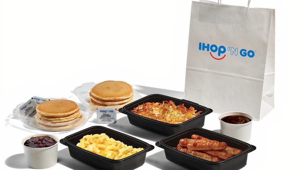 Pancake Creations Family Feast With Sausage · 8 of our world famous buttermilk pancakes, 4 servings each of scrambled eggs and golden hash browns, 8 pork sausage links, and choice of 2 pancake toppings. Serves 4.  . Available for IHOP ‘N GO only.  Not available for dine-in.