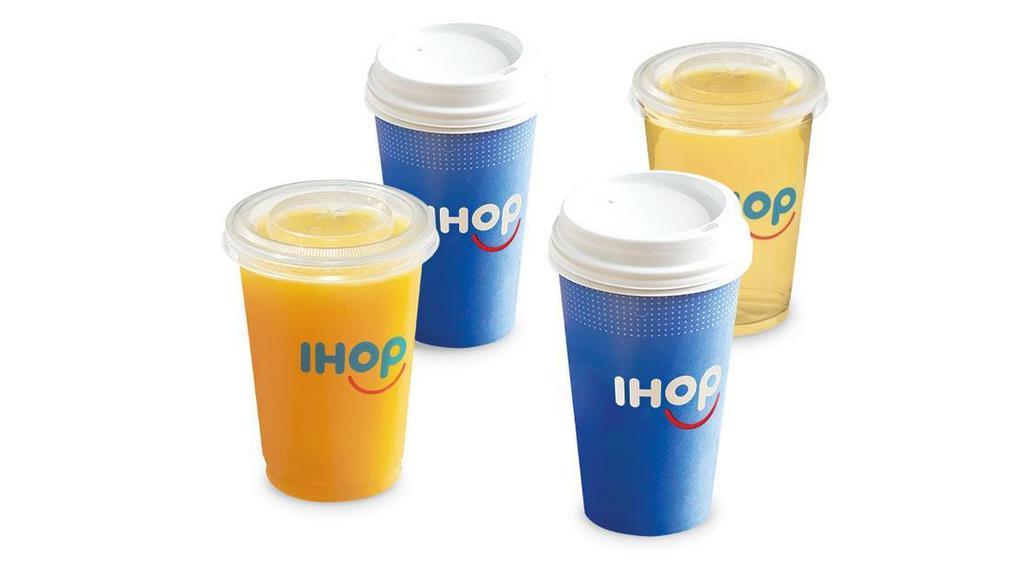 Breakfast Beverage Bundle · Choice of 4 16oz. beverages.  Choose from Regular or Decaf coffee, or for an additional charge, choose Orange Juice, Apple Juice, Milk or Chocolate Milk.. Available for IHOP ‘N GO only. Not available for dine-in.