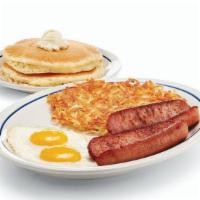 Smokehouse Combo · Two jumbo smoked sausage links served with 2 eggs* your way, hash browns & 2 buttermilk panc...