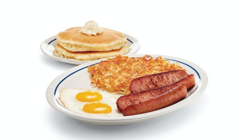 Smokehouse Combo · Two jumbo smoked sausage links served with 2 eggs* your way, hash browns & 2 buttermilk pancakes..