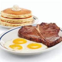 T-Bone Steak & Eggs · T-Bone steak* grilled & served with 3 eggs* your way & 3 fluffy buttermilk pancakes.