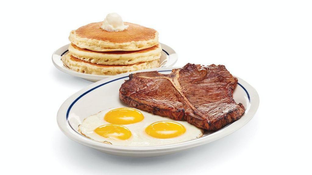 T-Bone Steak & Eggs · T-Bone steak* grilled & served with 3 eggs* your way & 3 fluffy buttermilk pancakes.