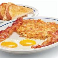 Quick 2-Egg Breakfast · Two eggs* your way, hash browns, 2 custom-cured hickory-smoked bacon strips or 2 pork sausag...