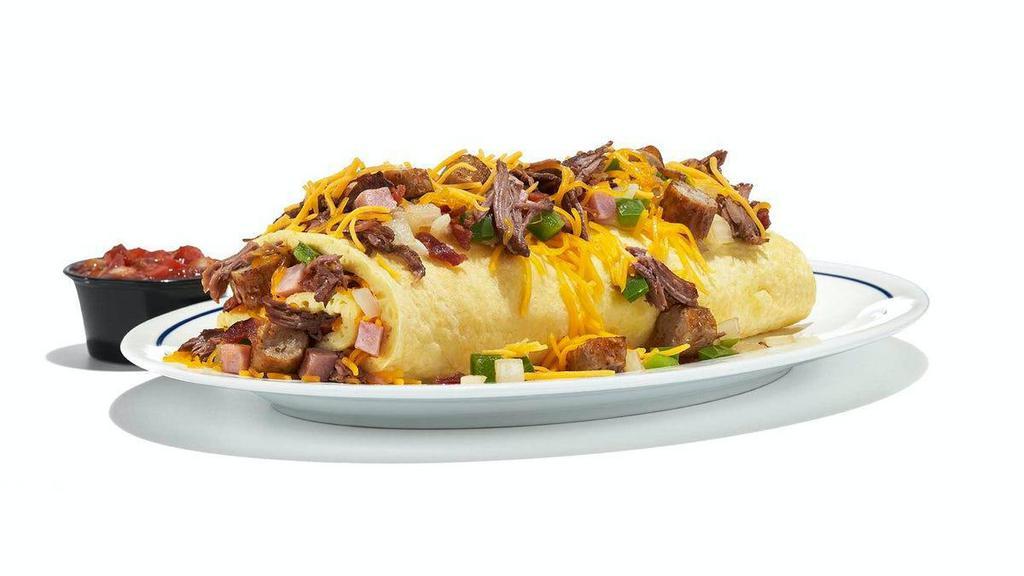 Colorado Omelette · Experience the Rocky Mountain lifestyle with our omelette+ stuffed with bacon, shredded beef, pork sausage & ham with green peppers, onions & Cheddar cheese. Served with our salsa.