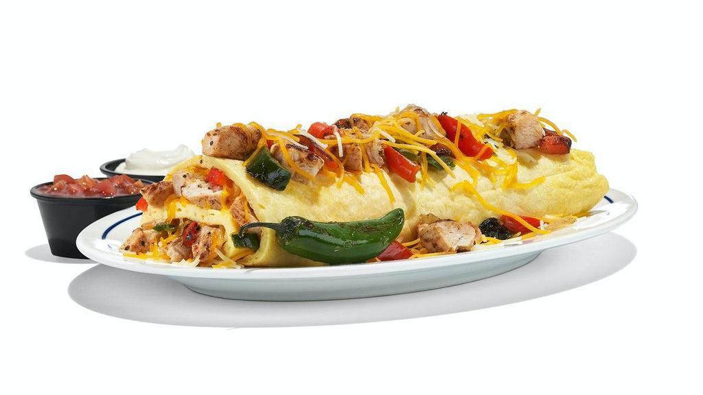 Chicken Fajita Omelette · The perfect fiesta in one package. Our omelette+ stuffed with grilled chicken breast with Poblano & red bell peppers, roasted onions & Jack & Cheddar cheese blend. Served with salsa, sour cream & grilled Serrano pepper.