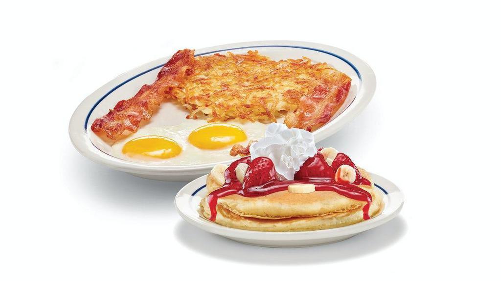 Create Your Own Pancake Combo · Choice of any 2 same-flavored pancakes, served with 2 eggs* your way, 2 custom-cured hickory-smoked bacon strips or 2 pork sausage links & golden hash browns.