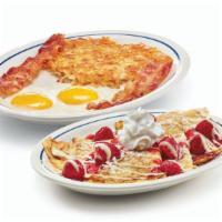 Create Your Own Crepe Combo · Choose your crepe flavor, served with 2 eggs* your way, 2 custom-cured hickory-smoked bacon ...
