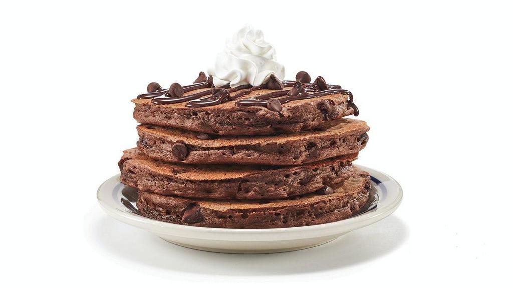 Chocolate Chocolate Chip Pancakes  · We think chocolate is perfect any time of day. Four fluffy chocolate pancakes filled with chocolate chips, topped with a drizzle of chocolate syrup & more chocolate chips. . Also available in buttermilk. .