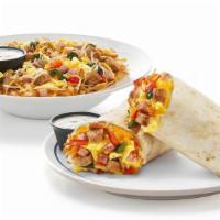 Country Breakfast Burrito & Bowl · Scrambled eggs+, diced ham & sausage, fire-roasted peppers & onions, shredded Jack & Cheddar...