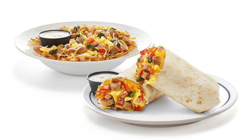 Country Breakfast Burrito & Bowl · Scrambled eggs+, diced ham & sausage, fire-roasted peppers & onions, shredded Jack & Cheddar cheese and hash browns all wrapped up in a warm flour tortilla or scrambled in a bowl. Served with hearty gravy and choice of side.