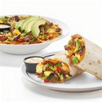 Spicy Poblano Fajita Burrito & Bowl  · Tender shredded beef, scrambled eggs+, Poblano & Serrano peppers, red peppers & onions, shre...