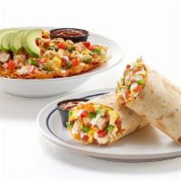  Southwest Chicken Burrito & Bowl · Grilled chicken, scrambled eggs+, hickory-smoked bacon pieces, green peppers & onions, tomat...
