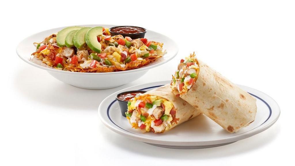  Southwest Chicken Burrito & Bowl · Grilled chicken, scrambled eggs+, hickory-smoked bacon pieces, green peppers & onions, tomatoes, queso sauce, shredded Jack & Cheddar cheese, avocado and hash browns all wrapped up in a warm flour tortilla or scrambled in a bowl. Served with our salsa and choice of side.