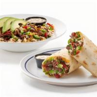 Spicy Shredded Beef Burrito & Bowl · Tender shredded beef, Poblano & Serrano peppers, red peppers & onions, shredded Jack & Chedd...