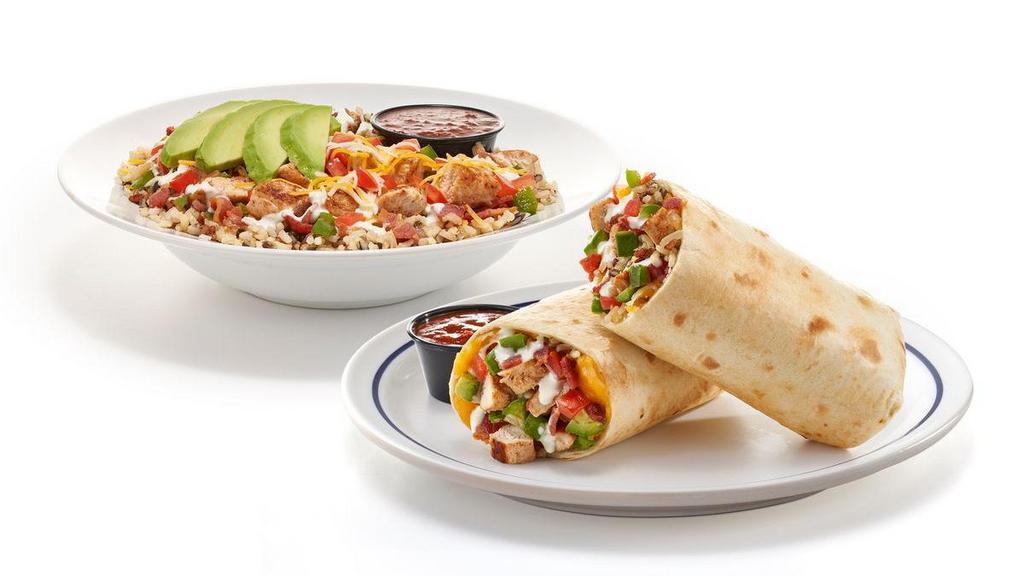 New Mexico Chicken Burrito & Bowl  · Grilled chicken, hickory-smoked bacon pieces, green peppers & onions, tomatoes, queso sauce, shredded Jack & Cheddar cheese, avocado and rice medley all wrapped up in a warm flour tortilla or layered in a bowl. Served with our salsa and choice of side.