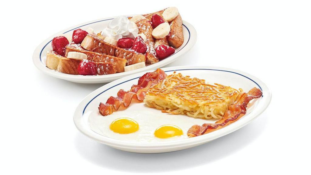 Create Your Own French Toast Combo · Choose your French Toast flavor. Served with 2 eggs* your way, 2 custom-cured hickory-smoked bacon strips or 2 pork sausage links & golden hash browns.