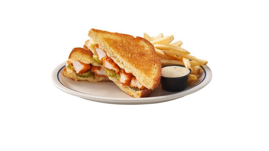 Buffalo Chicken Melt · This melt brings the heat. Crispy chicken breast strips tossed in Franks RedHot® Buffalo sauce, pickles & Whole Milk cheese on grilled, thick-cut bread. Comes with buttermilk ranch for dipping.