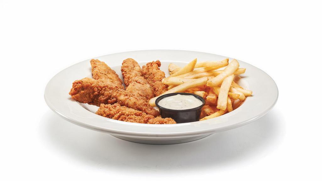 Buttermilk Crispy Chicken Strips & Fries · Five buttermilk crispy chicken strips made with all-natural chicken & French fries. Served with choice of sauce.